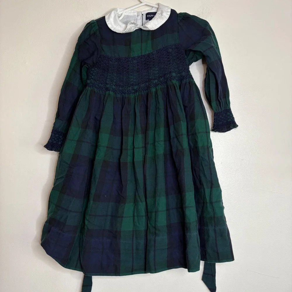 Ralph Lauren Girls 3T‎ Plaid Smocked Dress Peter Pan Collar Navy Green